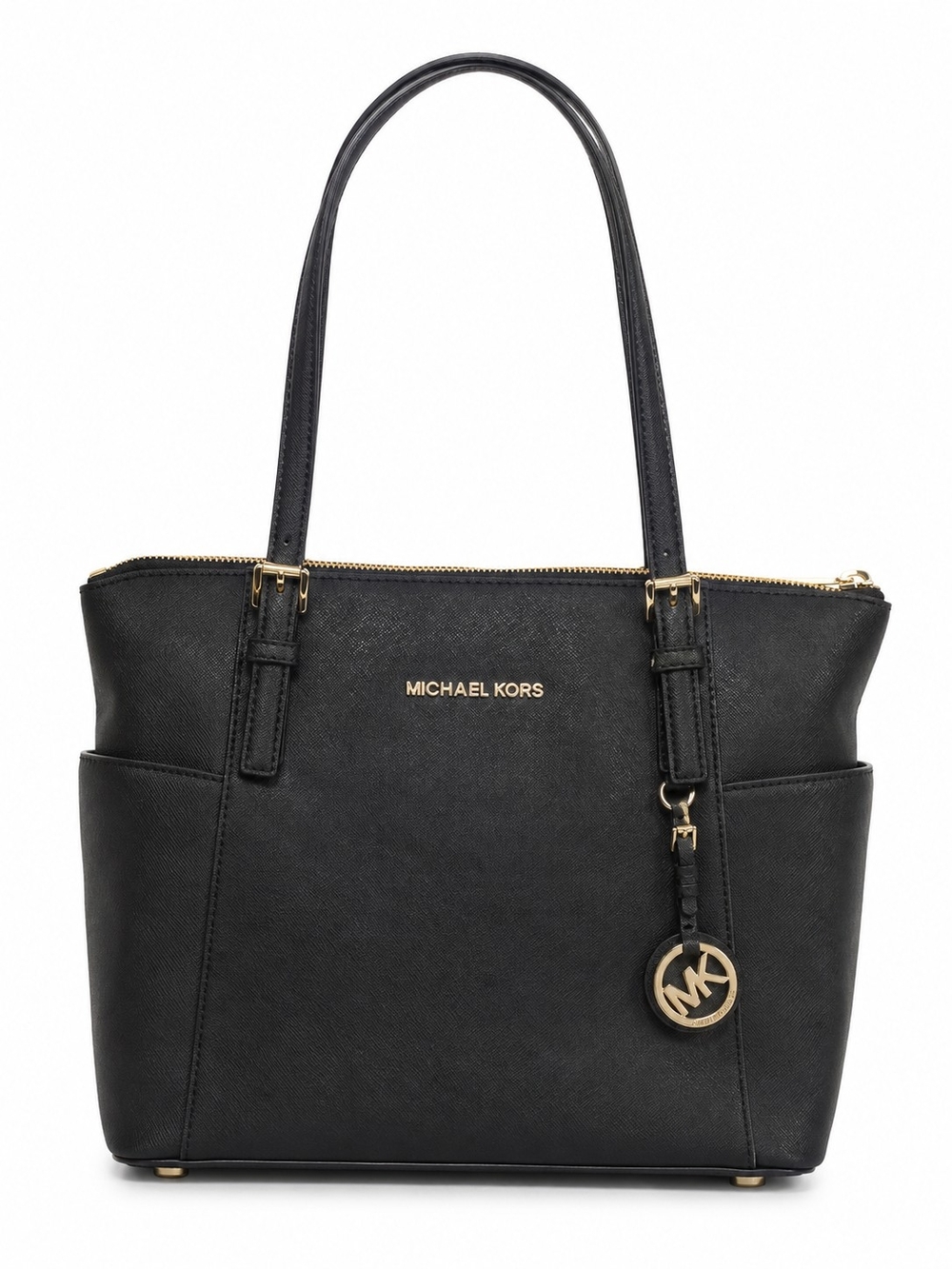 Michael Kors Black Leather Zip-Top Tote with Gold Hardware